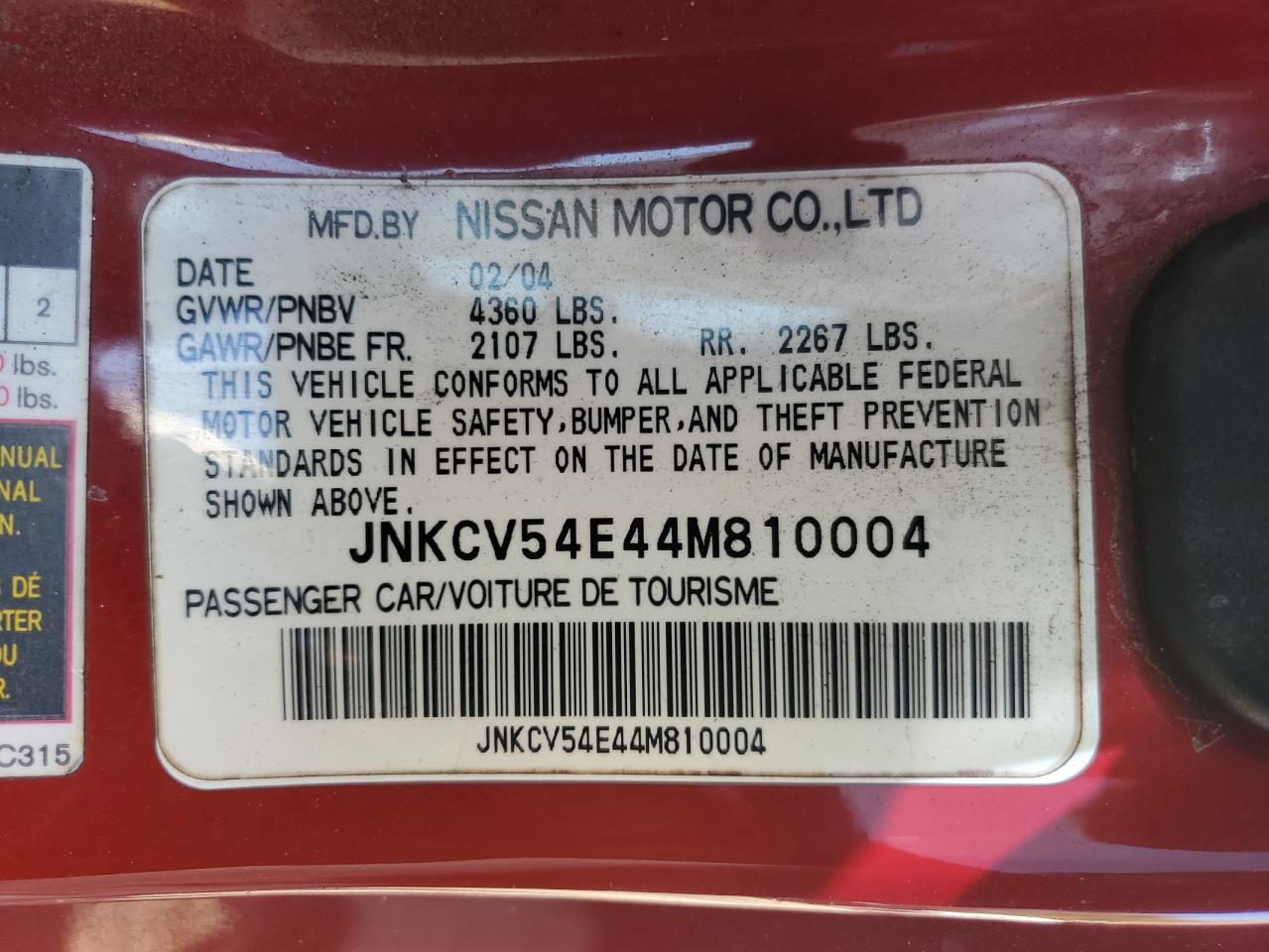 2004 Infiniti G35 VIN: JNKCV54E44M810004 Lot: 92710255