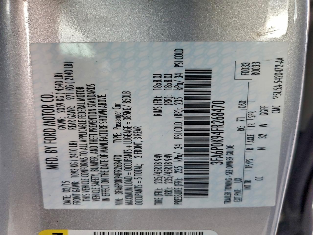 2015 Ford Fusion Titanium VIN: 3FA6P0K94FR268470 Lot: 93812315