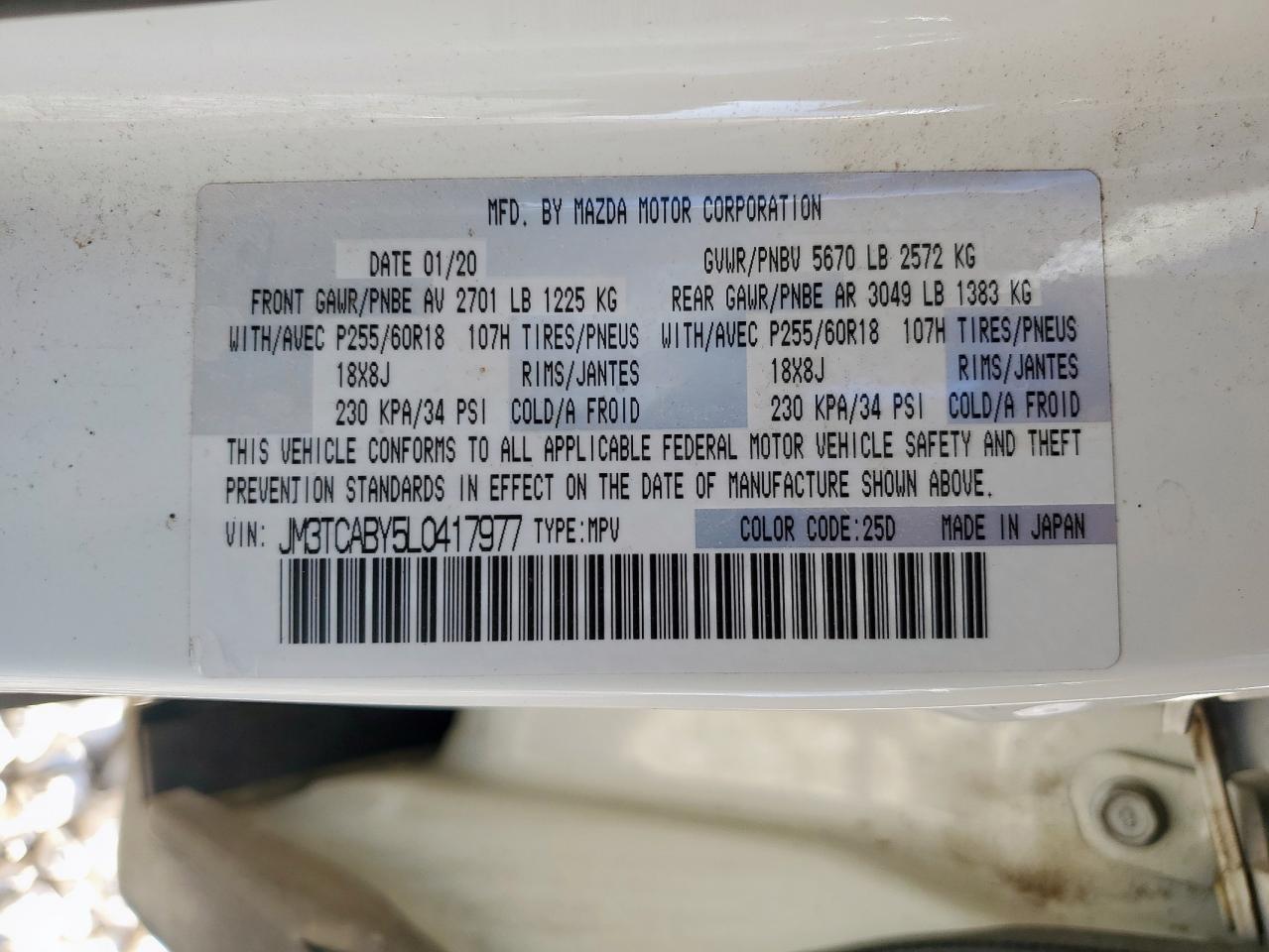 2020 Mazda Cx-9 Sport VIN: JM3TCABY5L0417977 Lot: 91888665