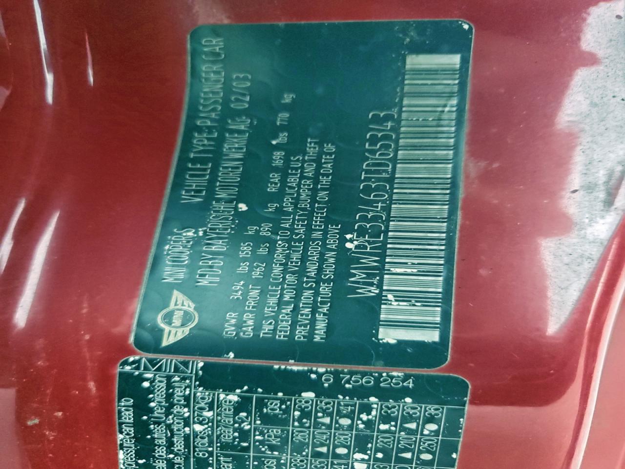 2003 Mini Cooper S VIN: WMWRE33463TD65343 Lot: 94325355