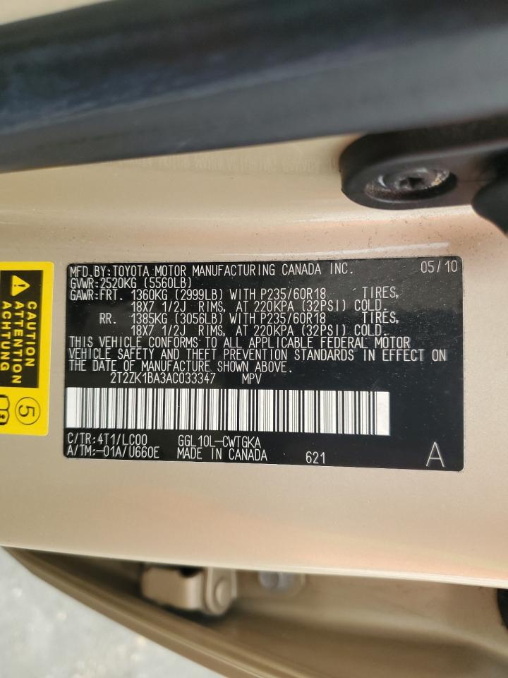 2010 Lexus Rx 350 VIN: 2T2ZK1BA3AC033347 Lot: 92270535