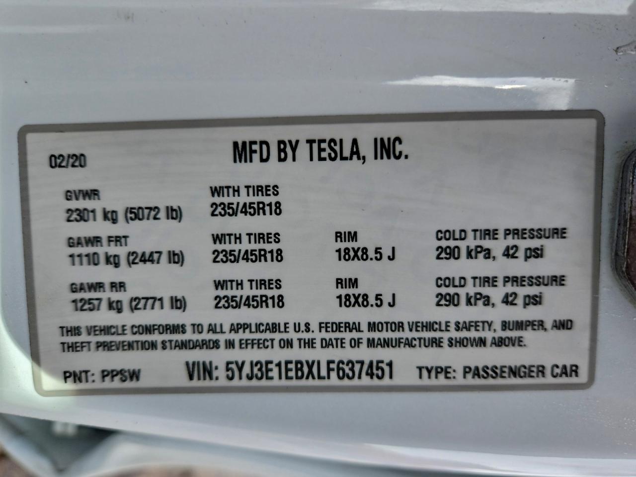 2020 Tesla Model 3 VIN: 5YJ3E1EBXLF637451 Lot: 93455345