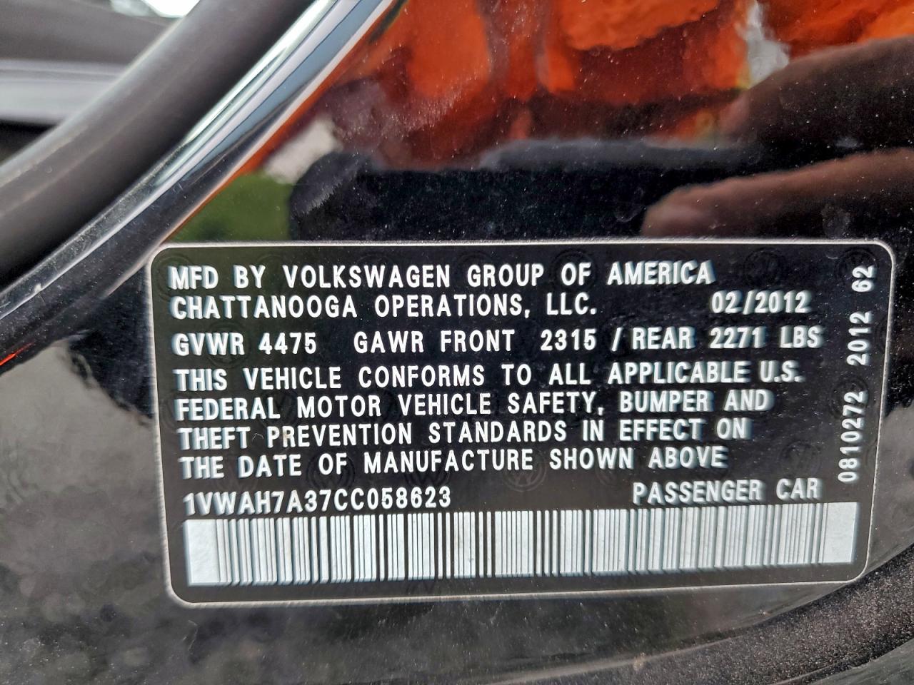 2012 Volkswagen Passat S VIN: 1VWAH7A37CC058623 Lot: 93623855