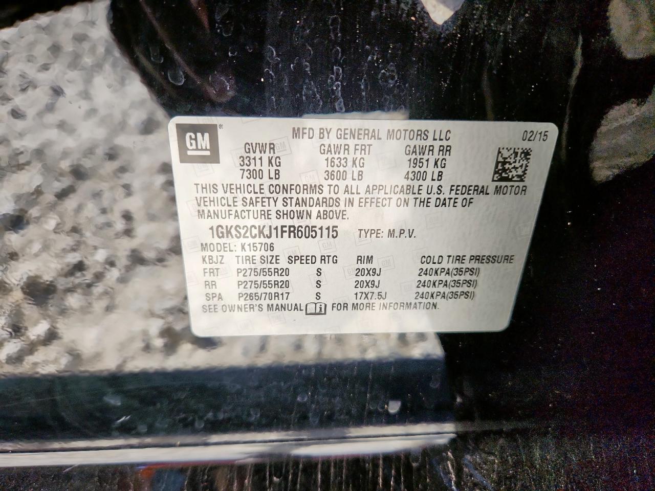 2015 GMC Yukon Denali VIN: 1GKS2CKJ1FR605115 Lot: 93116535