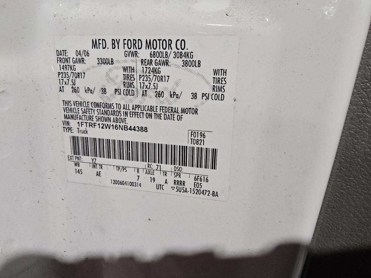 2006 Ford F150 VIN: 1FTRF12W16NB44388 Lot: 91729905