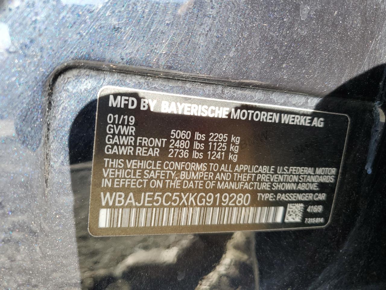 2019 BMW 540 I VIN: WBAJE5C5XKG919280 Lot: 92647925