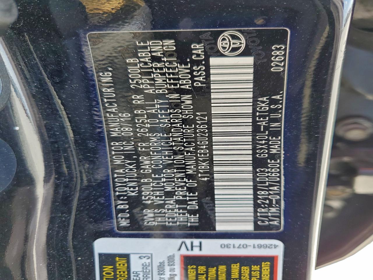 2016 Toyota Avalon Xle VIN: 4T1BK1EB4GU236121 Lot: 94590805