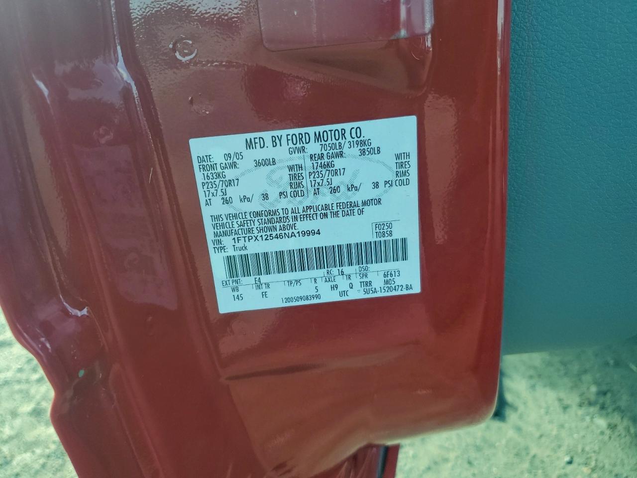 2006 Ford F150 VIN: 1FTPX12546NA19994 Lot: 93907395