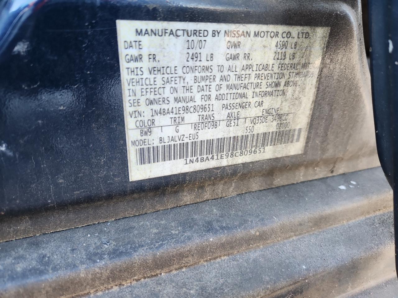 2008 Nissan Maxima Se VIN: 1N4BA41E98C809651 Lot: 91981715