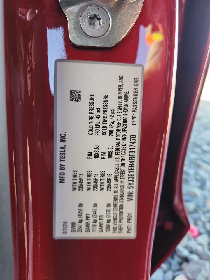 2024 Tesla Model 3 VIN: 5YJ3E1EB4RF817470 Lot: 92043325