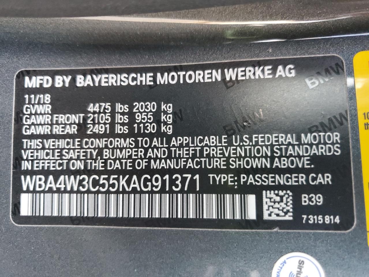 2019 BMW 430I VIN: WBA4W3C55KAG91371 Lot: 93443425
