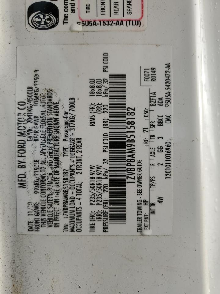 2011 Ford Mustang VIN: 1ZVBP8AM9B5158182 Lot: 91313125