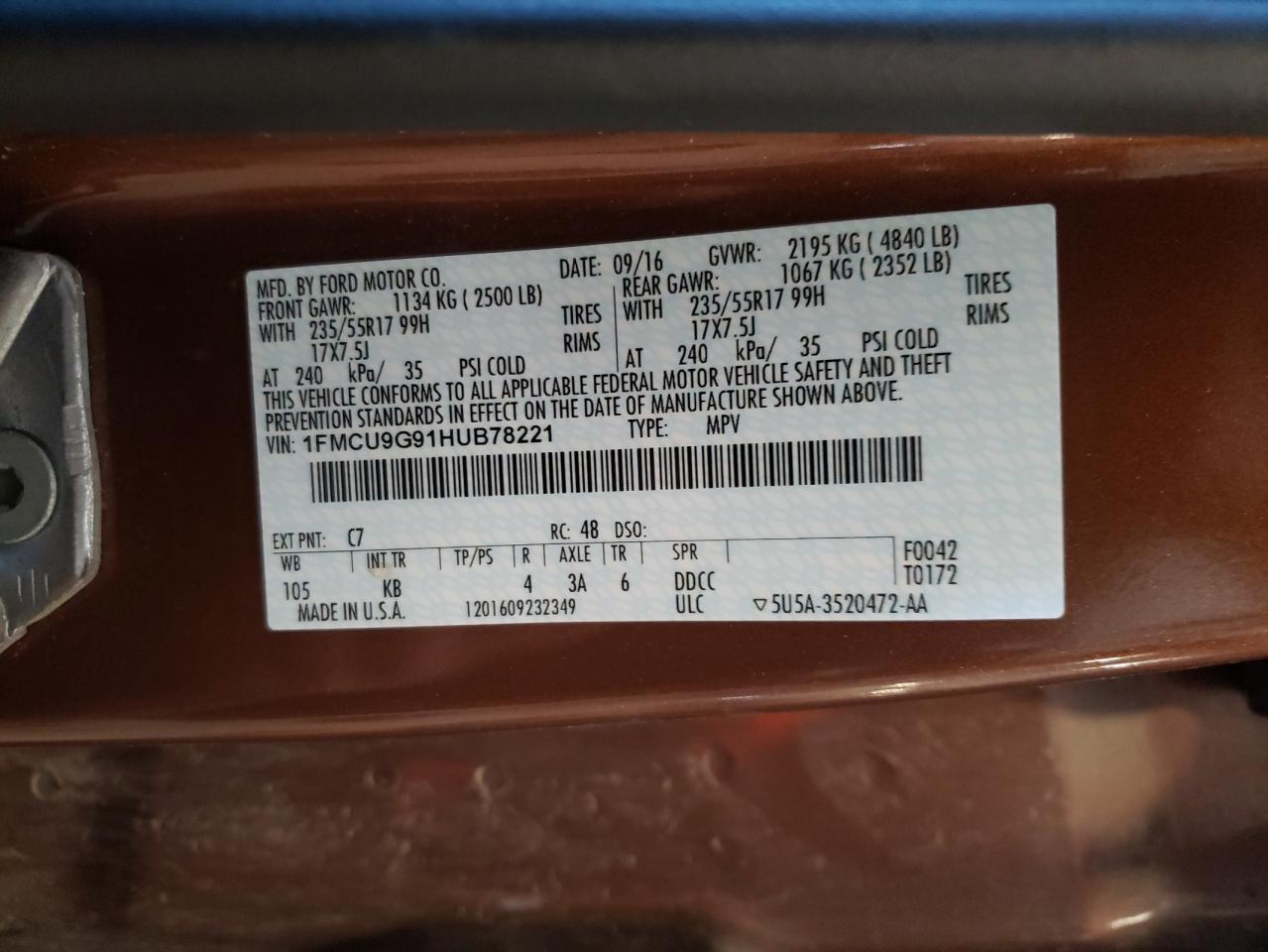 2017 Ford Escape Se VIN: 1FMCU9G91HUB78221 Lot: 91392865