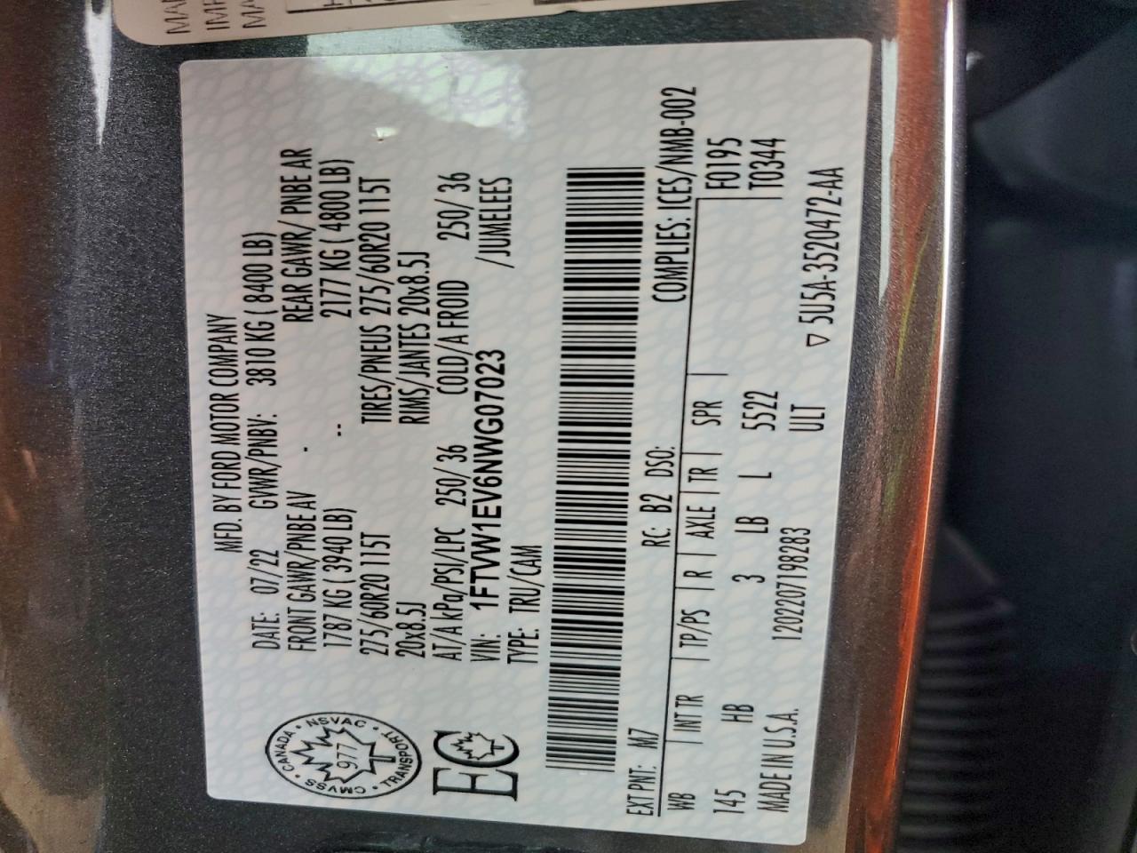 2022 Ford F150 Lightning Pro VIN: 1FTVW1EV6NWG07023 Lot: 93475805