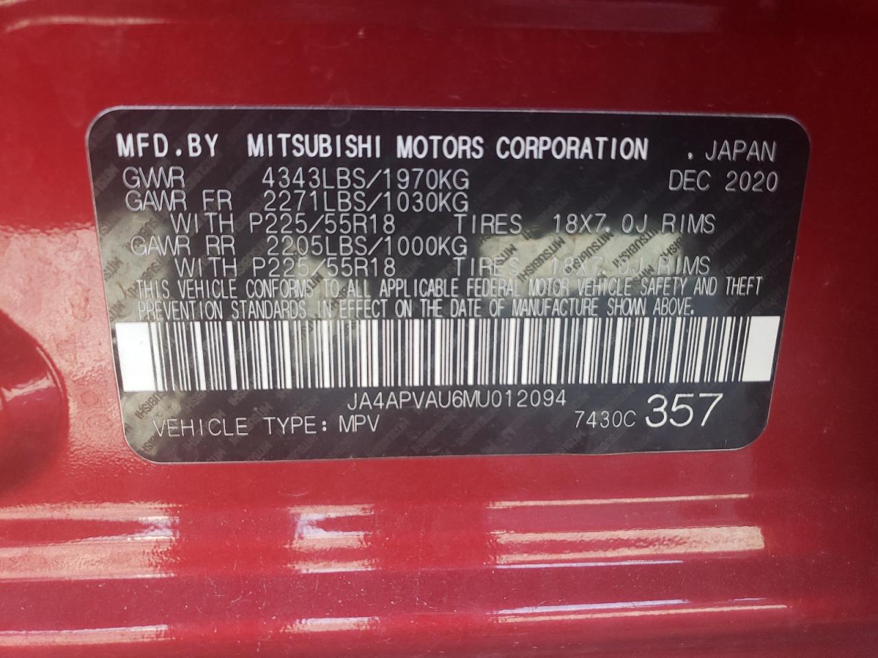 2021 Mitsubishi Outlander Sport Se VIN: JA4APVAU6MU012094 Lot: 91199505