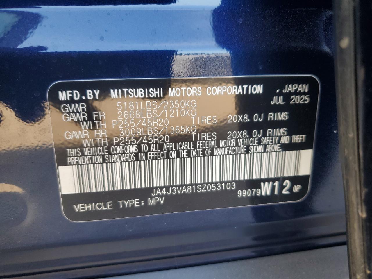 2025 Mitsubishi Outlander Se VIN: JA4J3VA81SZ053103 Lot: 93224775