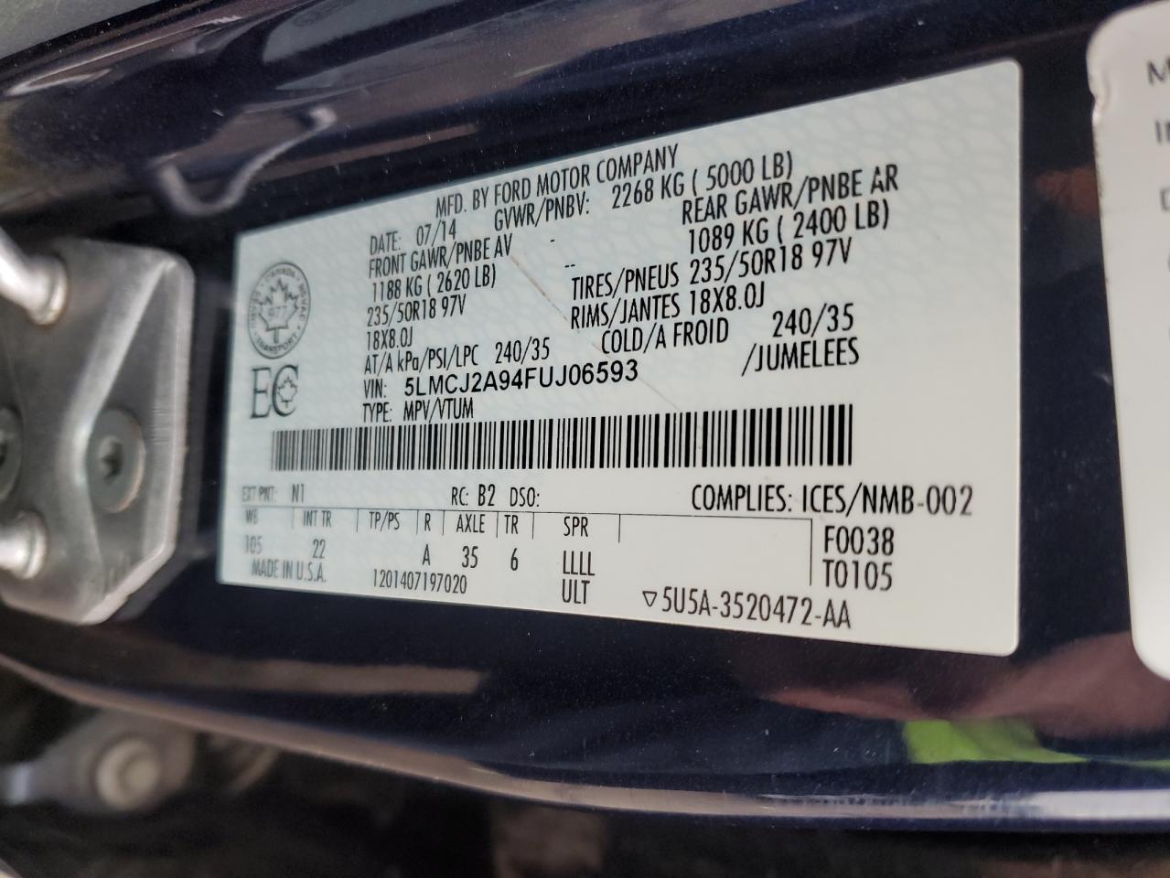 2015 Lincoln Mkc VIN: 5LMCJ2A94FUJ06593 Lot: 93759675