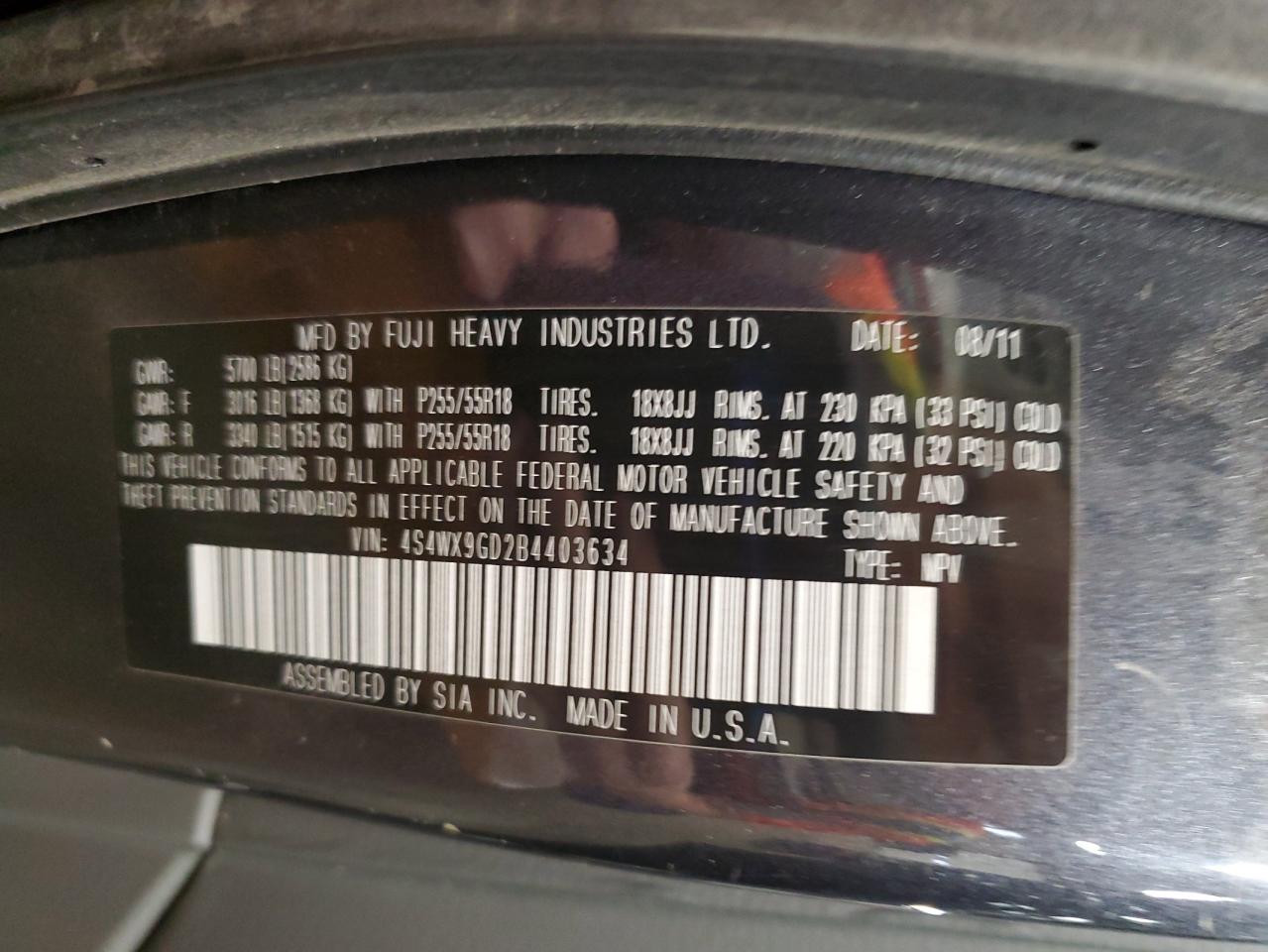 2011 Subaru Tribeca Limited VIN: 4S4WX9GD2B4403634 Lot: 89924375