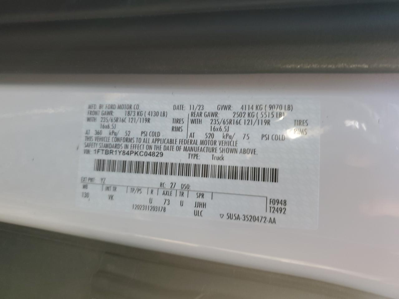 2023 Ford Transit T-250 VIN: 1FTBR1Y84PKC04829 Lot: 92456815