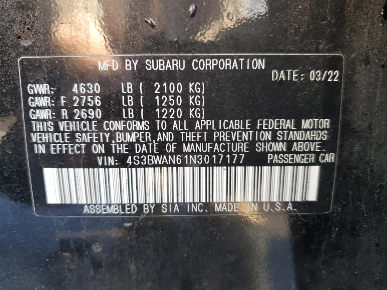 2022 Subaru Legacy Limited VIN: 4S3BWAN61N3017177 Lot: 91765845