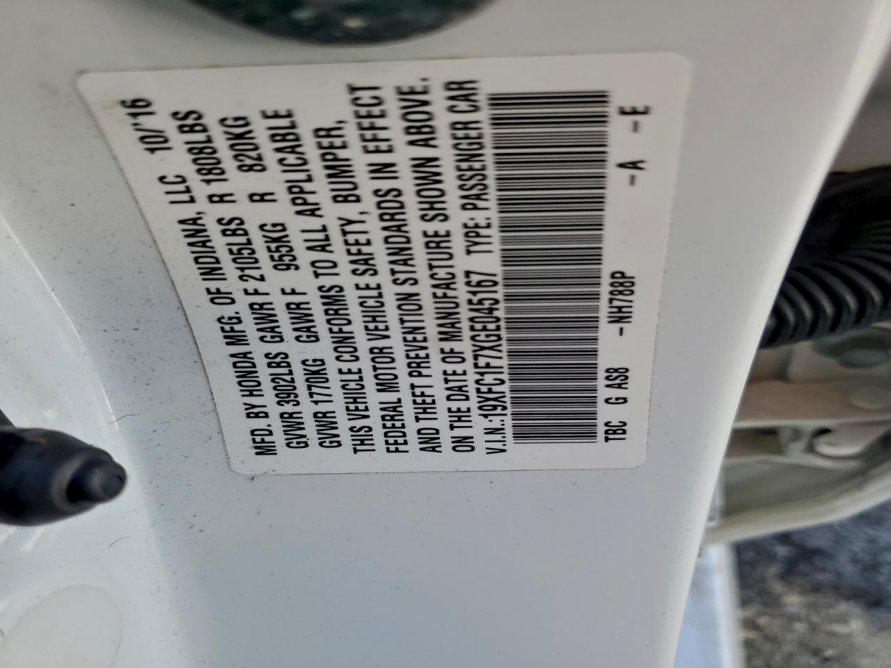 2016 Honda Civic Exl VIN: 19XFC1F7XGE045167 Lot: 94609995