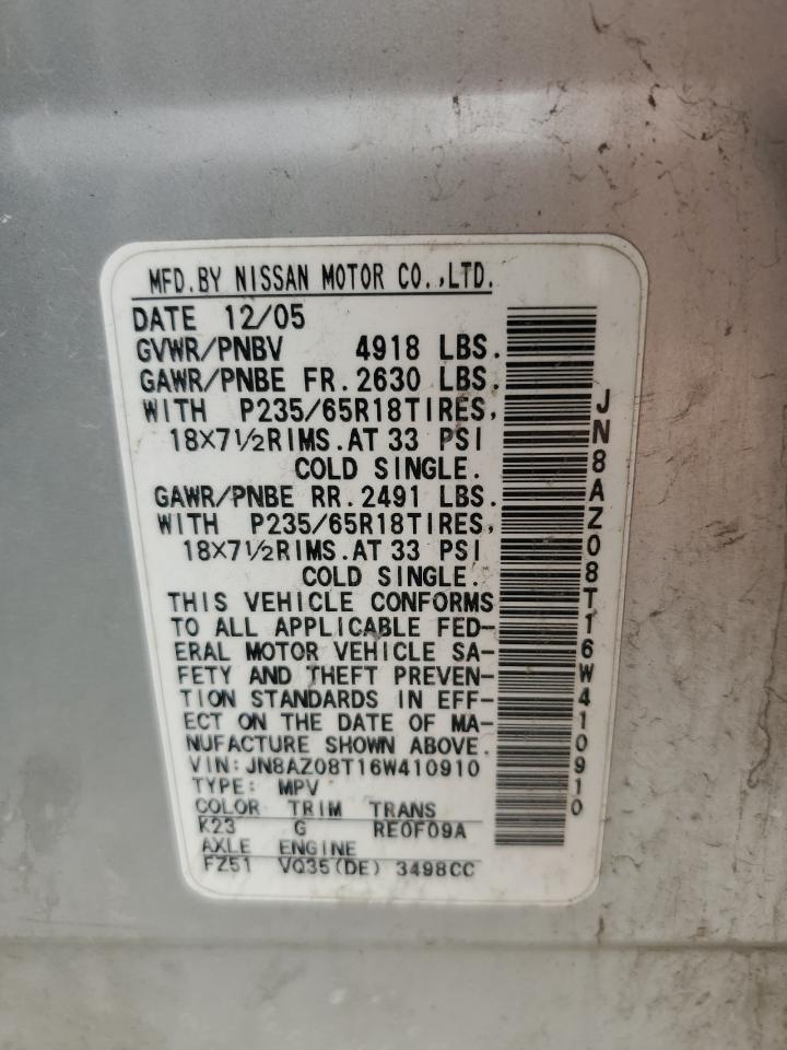 2006 Nissan Murano Sl VIN: JN8AZ08T16W410910 Lot: 91603205