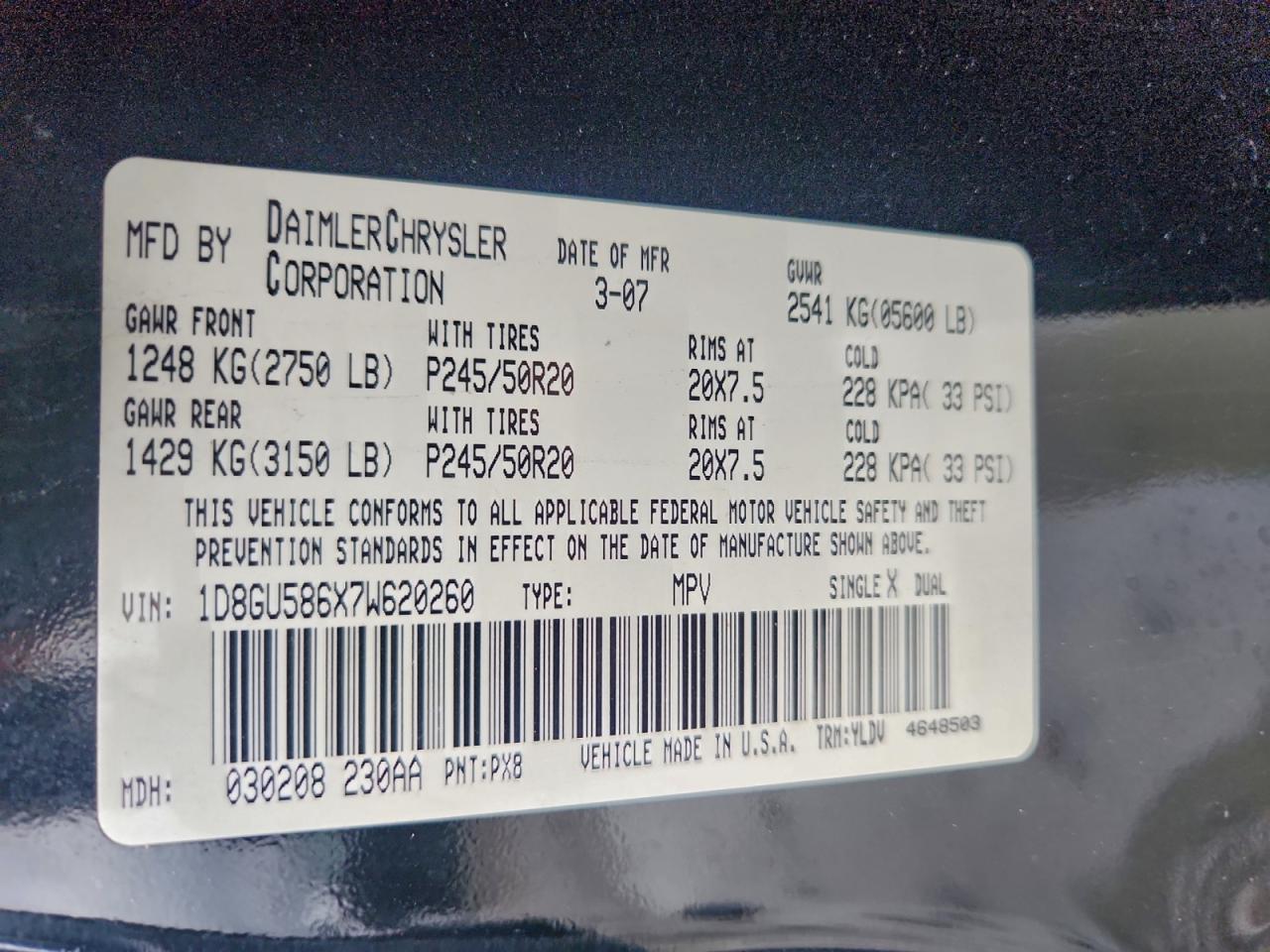 2007 Dodge Nitro R/T VIN: 1D8GU586X7W620260 Lot: 93833765