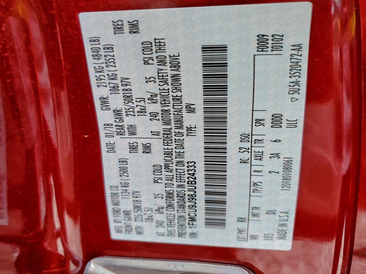 2018 Ford Escape Titanium VIN: 1FMCU9J98JUB24333 Lot: 93783825