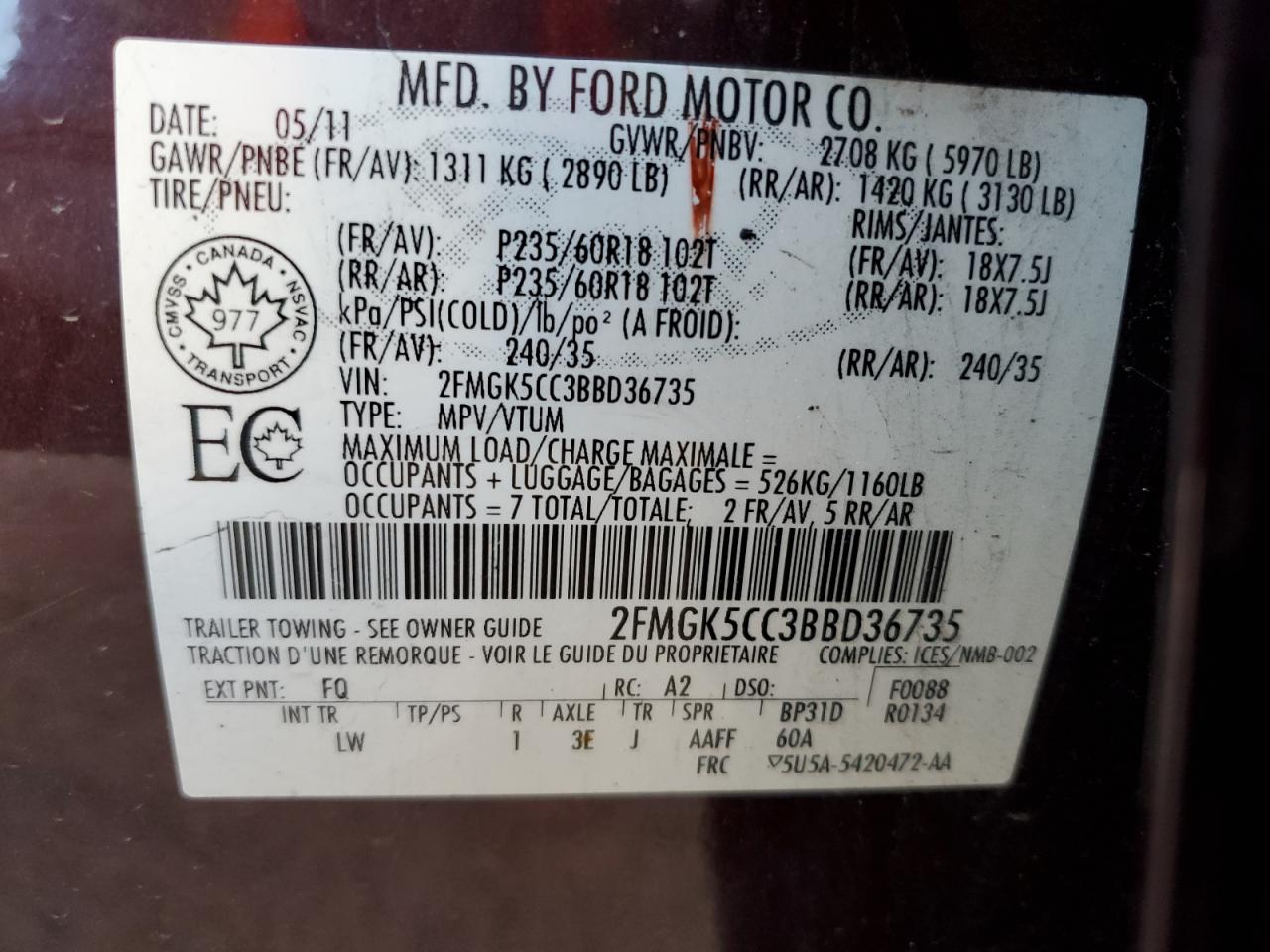 2011 Ford Flex Sel VIN: 2FMGK5CC3BBD36735 Lot: 90870485