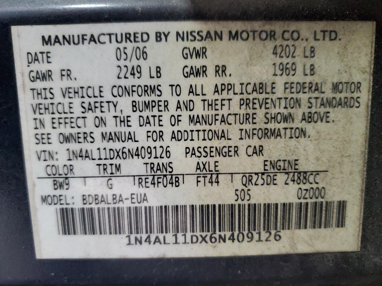 2006 Nissan Altima S VIN: 1N4AL11DX6N409126 Lot: 90744265