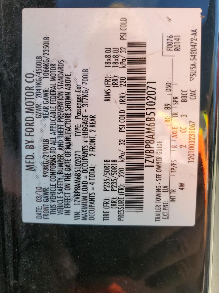 2011 Ford Mustang VIN: 1ZVBP8AM6B5102071 Lot: 91363865