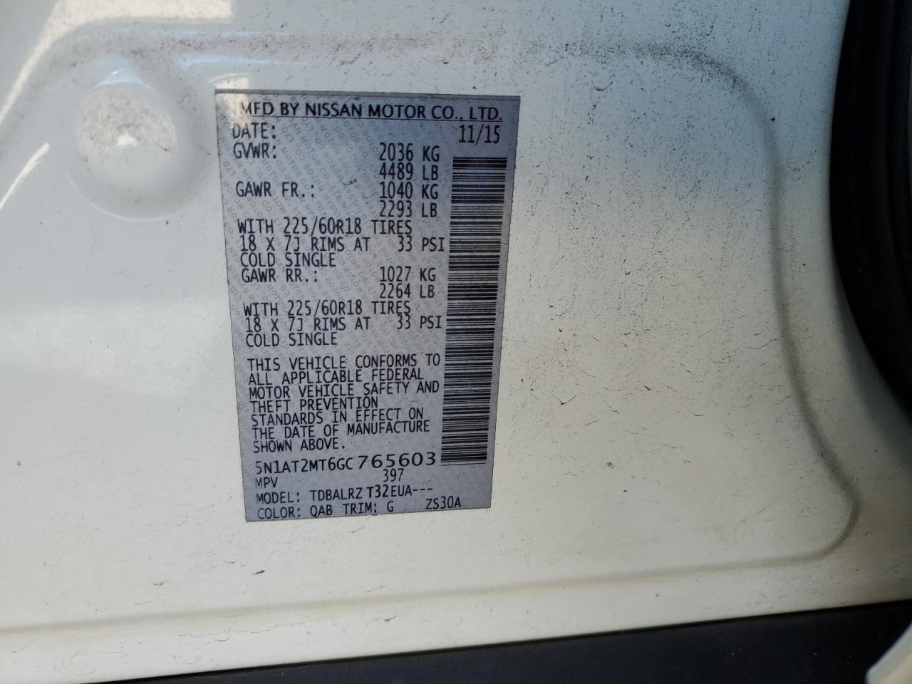 2016 Nissan Rogue S VIN: 5N1AT2MT6GC765603 Lot: 92037675