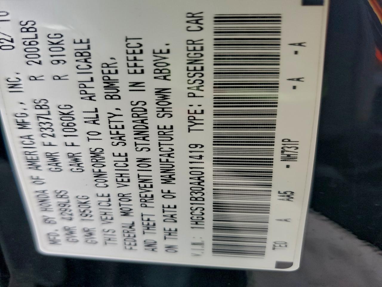 2010 Honda Accord Lx VIN: 1HGCS1B30AA011419 Lot: 94100735