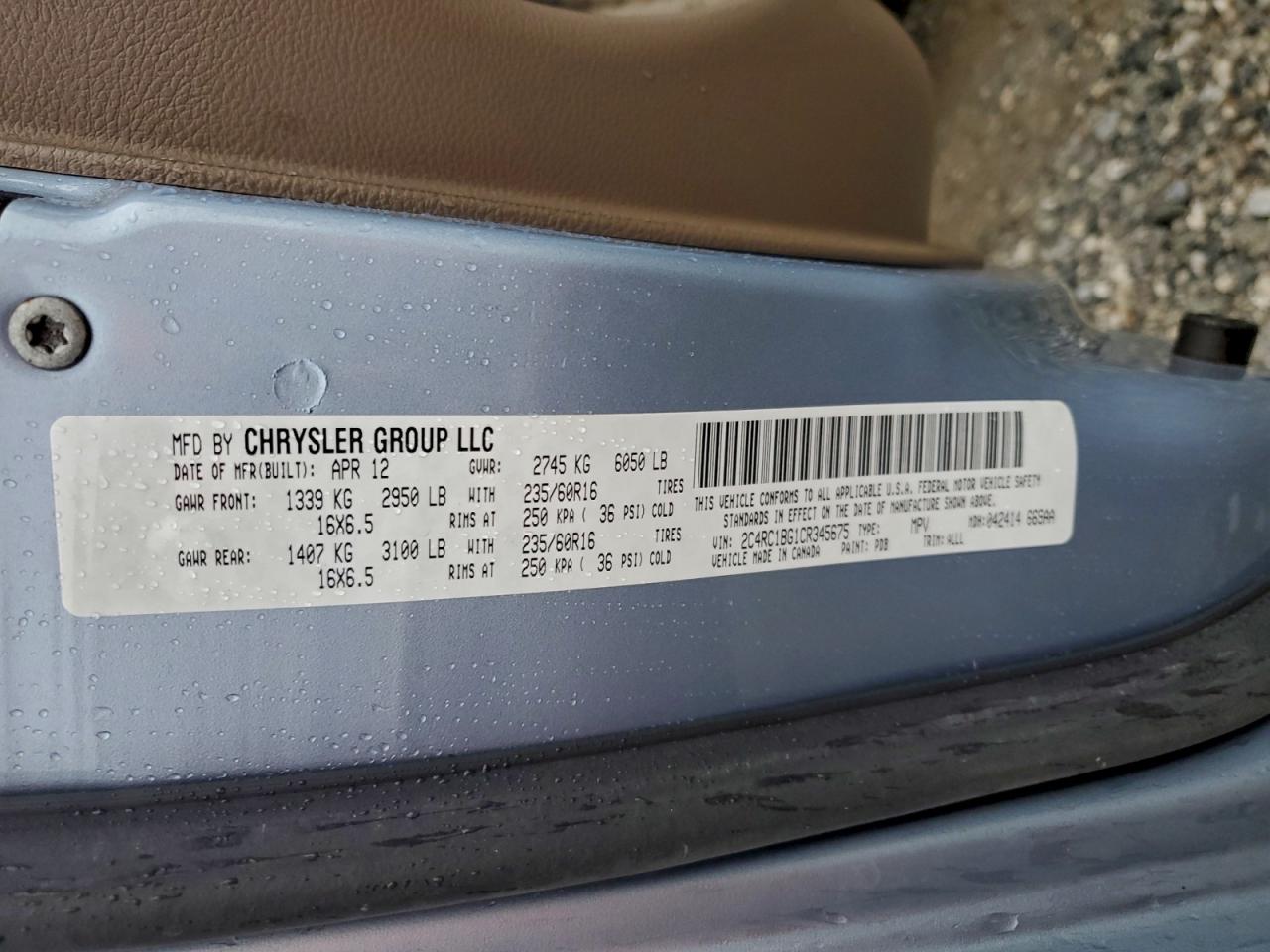 2012 Chrysler Town & Country Touring VIN: 2C4RC1BG1CR345675 Lot: 94427985