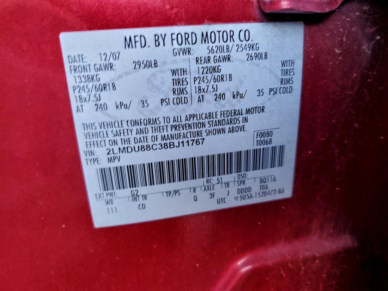 2008 Lincoln Mkx VIN: 2LMDU88C38BJ11767 Lot: 92762965