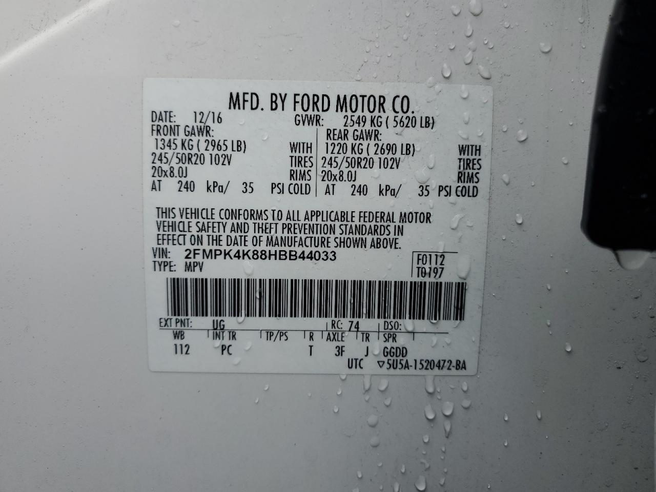 2017 Ford Edge Titanium VIN: 2FMPK4K88HBB44033 Lot: 92060365