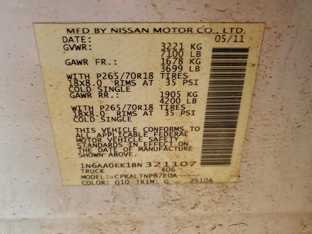 2011 Nissan Titan S VIN: 1N6AA0EK1BN321107 Lot: 94076115