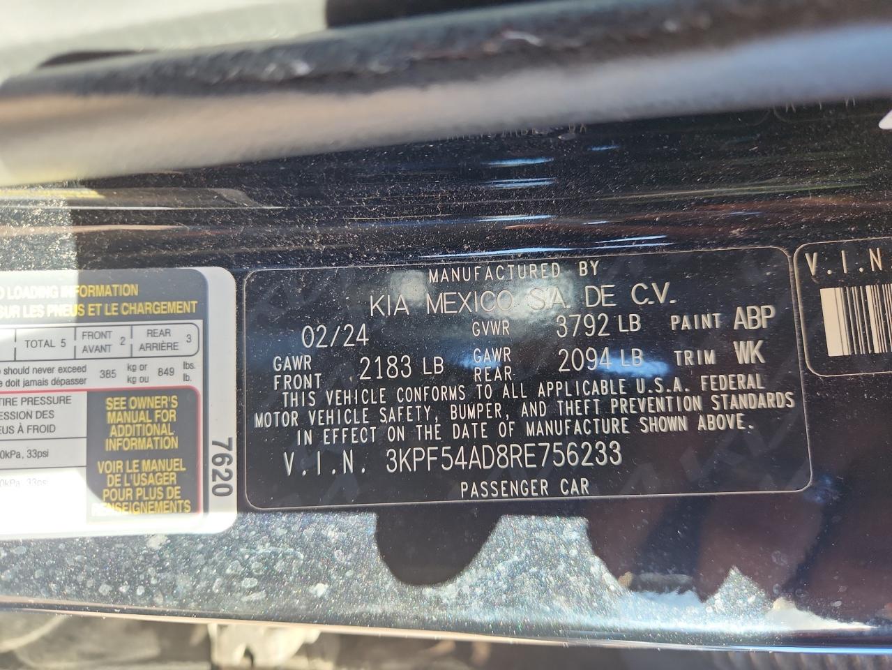 2024 Kia Forte Gt Line VIN: 3KPF54AD8RE756233 Lot: 92055295