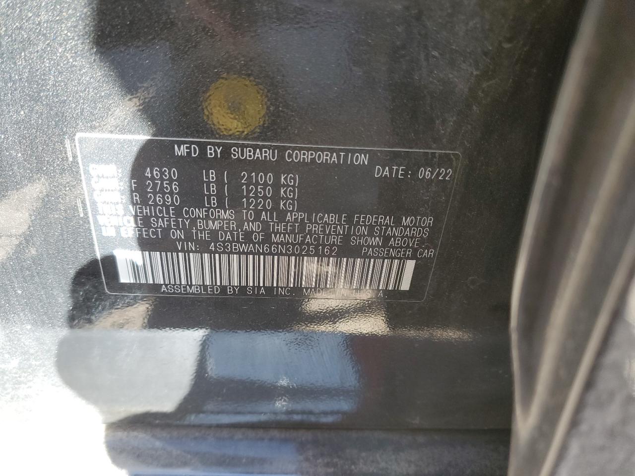 2022 Subaru Legacy Limited VIN: 4S3BWAN66N3025162 Lot: 91890365