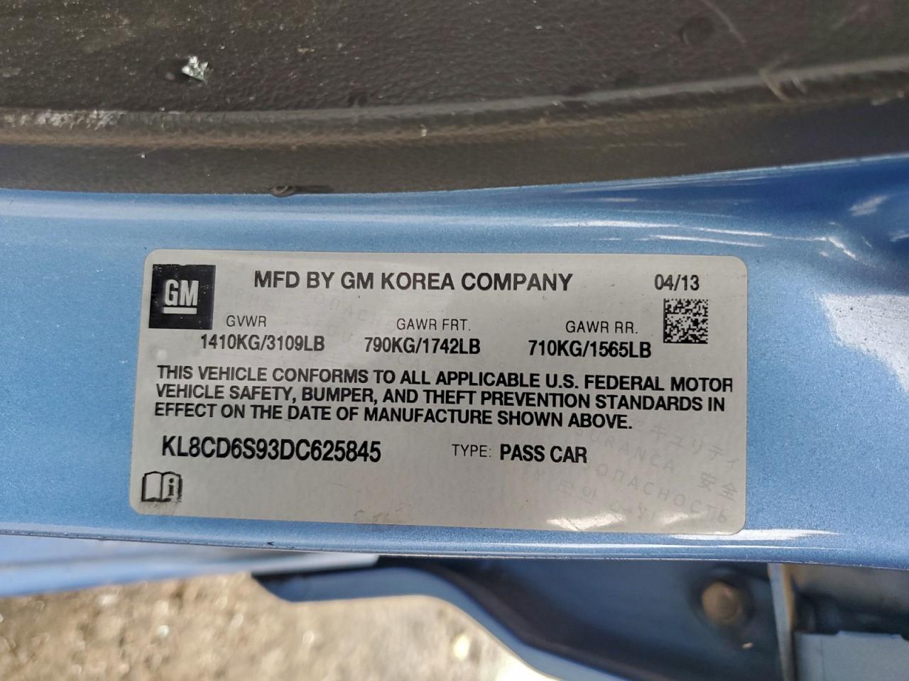 2013 Chevrolet Spark 1Lt VIN: KL8CD6S93DC625845 Lot: 92131835