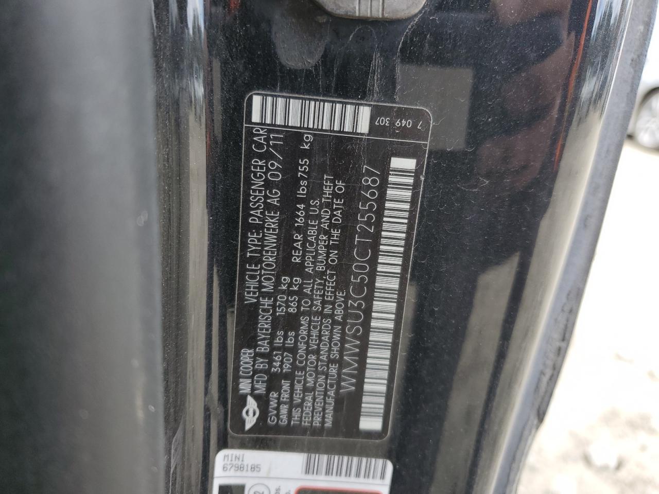 2012 Mini Cooper VIN: WMWSU3C50CT255687 Lot: 92691775