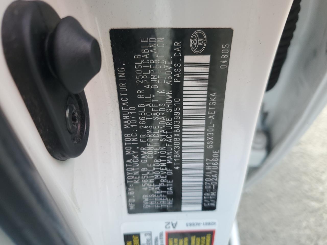 2011 Toyota Avalon Base VIN: 4T1BK3DBXBU399510 Lot: 91123345