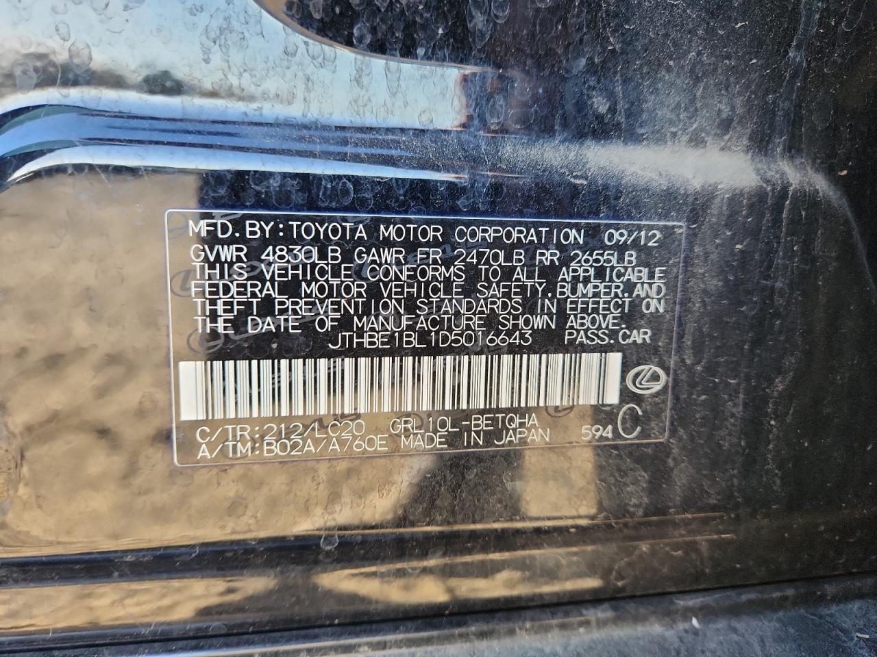 2013 Lexus Gs 350 VIN: JTHBE1BL1D5016643 Lot: 91998885