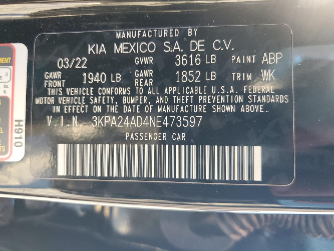 2022 Kia Rio Lx VIN: 3KPA24AD4NE473597 Lot: 91686865