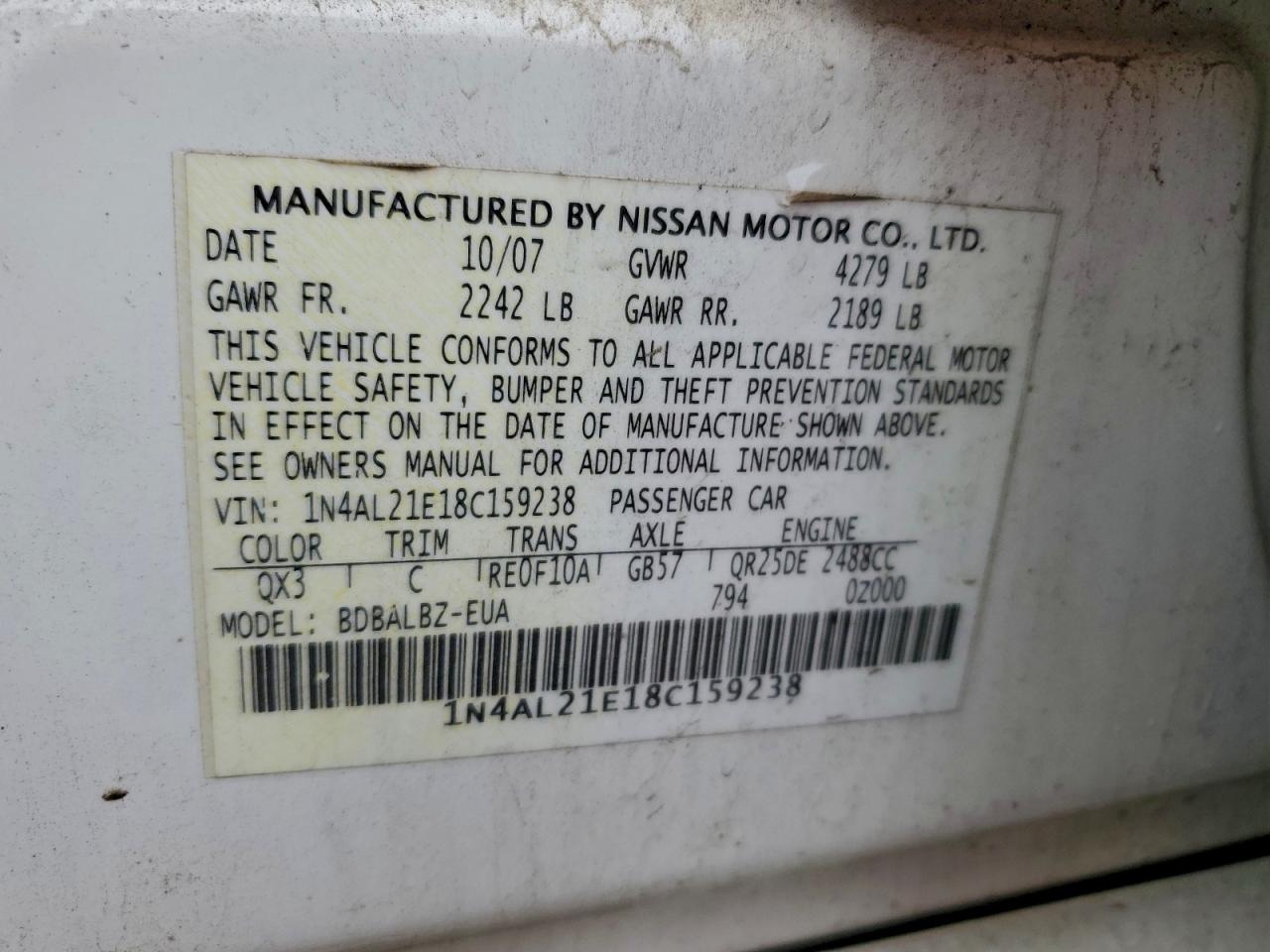 2008 Nissan Altima 2.5 VIN: 1N4AL21E18C159238 Lot: 91538955