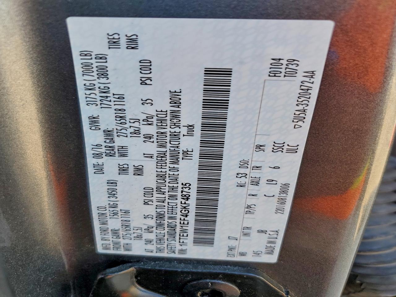 2016 Ford F150 Supercrew VIN: 1FTEW1EF4GKF48735 Lot: 93974625