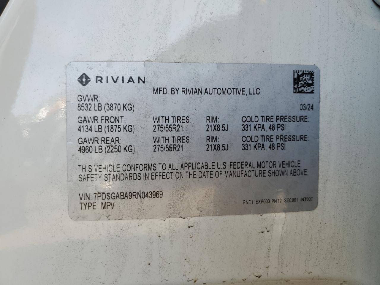 2024 Rivian R1S Adventure VIN: 7PDSGABA9RN043969 Lot: 85503365