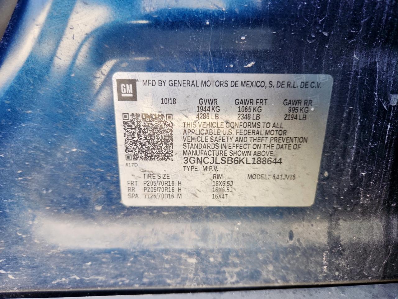 2019 Chevrolet Trax 1Lt VIN: 3GNCJLSB6KL188644 Lot: 92527925