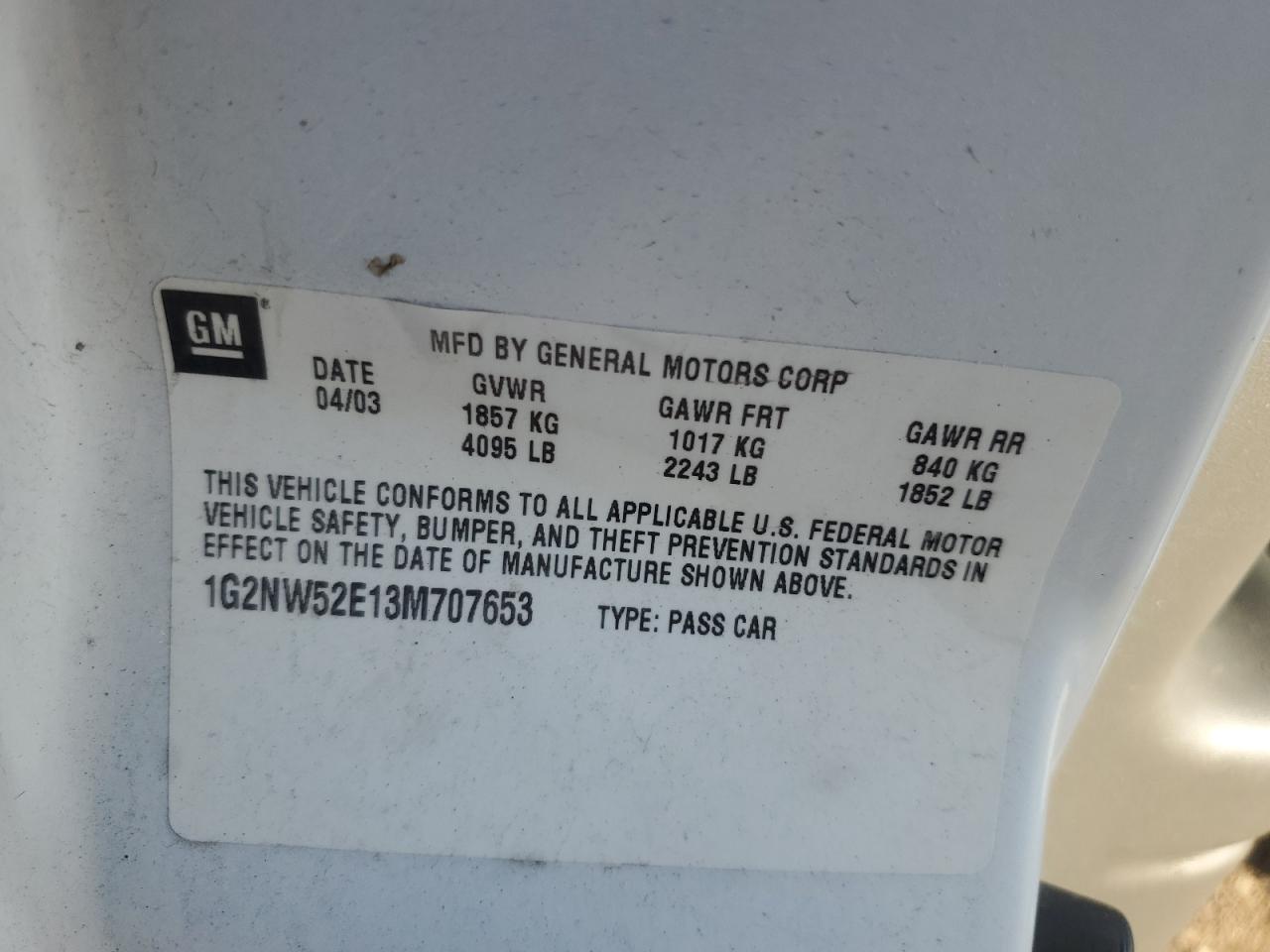 2003 Pontiac Grand Am Gt VIN: 1G2NW52E13M707653 Lot: 92476615