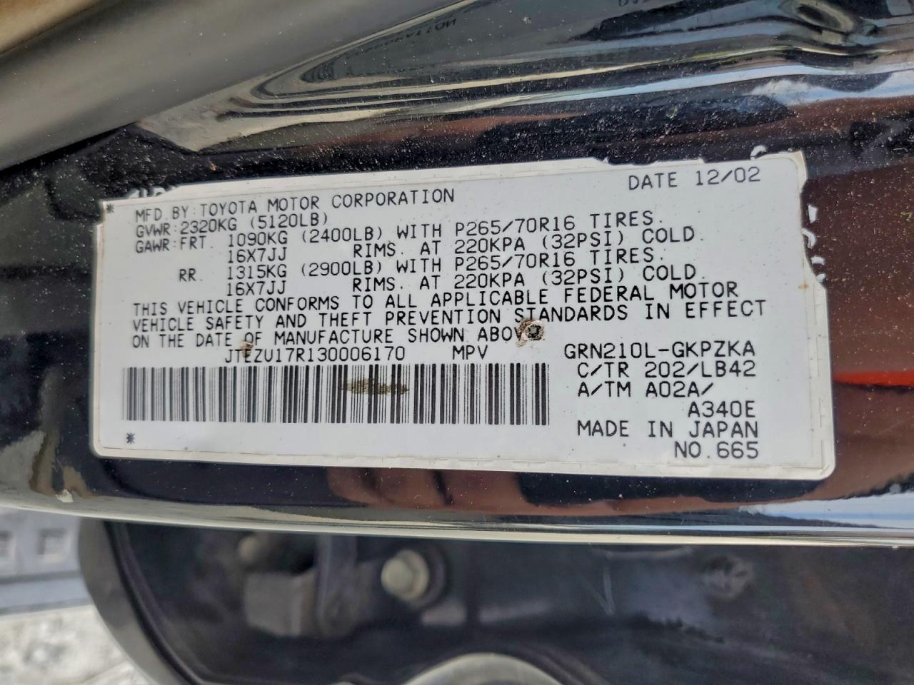 2003 Toyota 4Runner Limited VIN: JTEZU17R130006170 Lot: 93428405